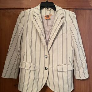 Tory Burch White and Navy Blue Striped Blazer Size 6